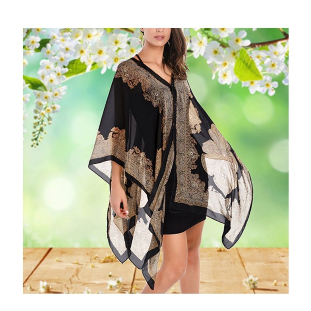 PONCHO BLK BEAUTIFUL PAISLEY 2 WAYS TO WEAR ONE SZ